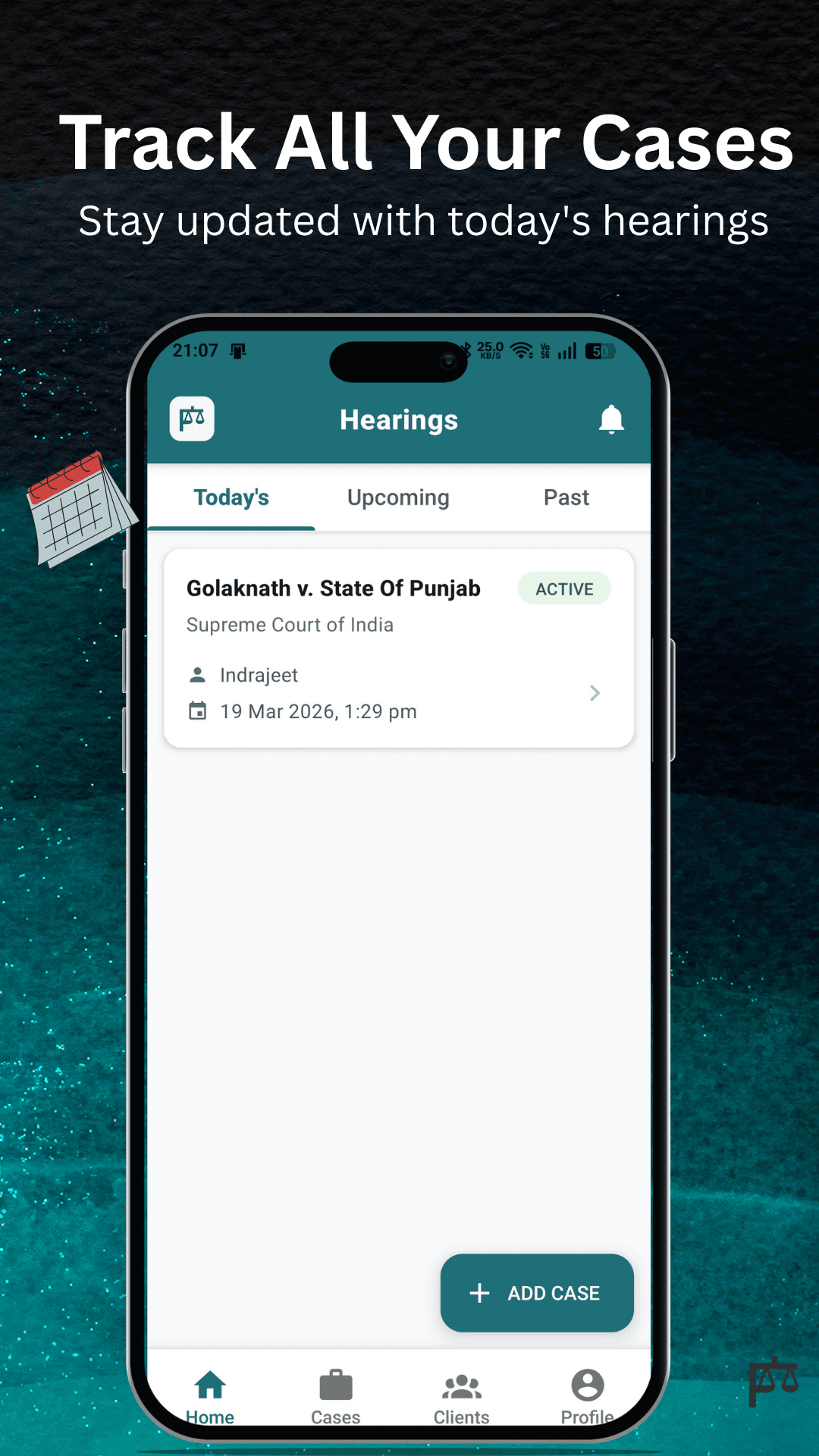 Track All Cases screen from the Peshi app