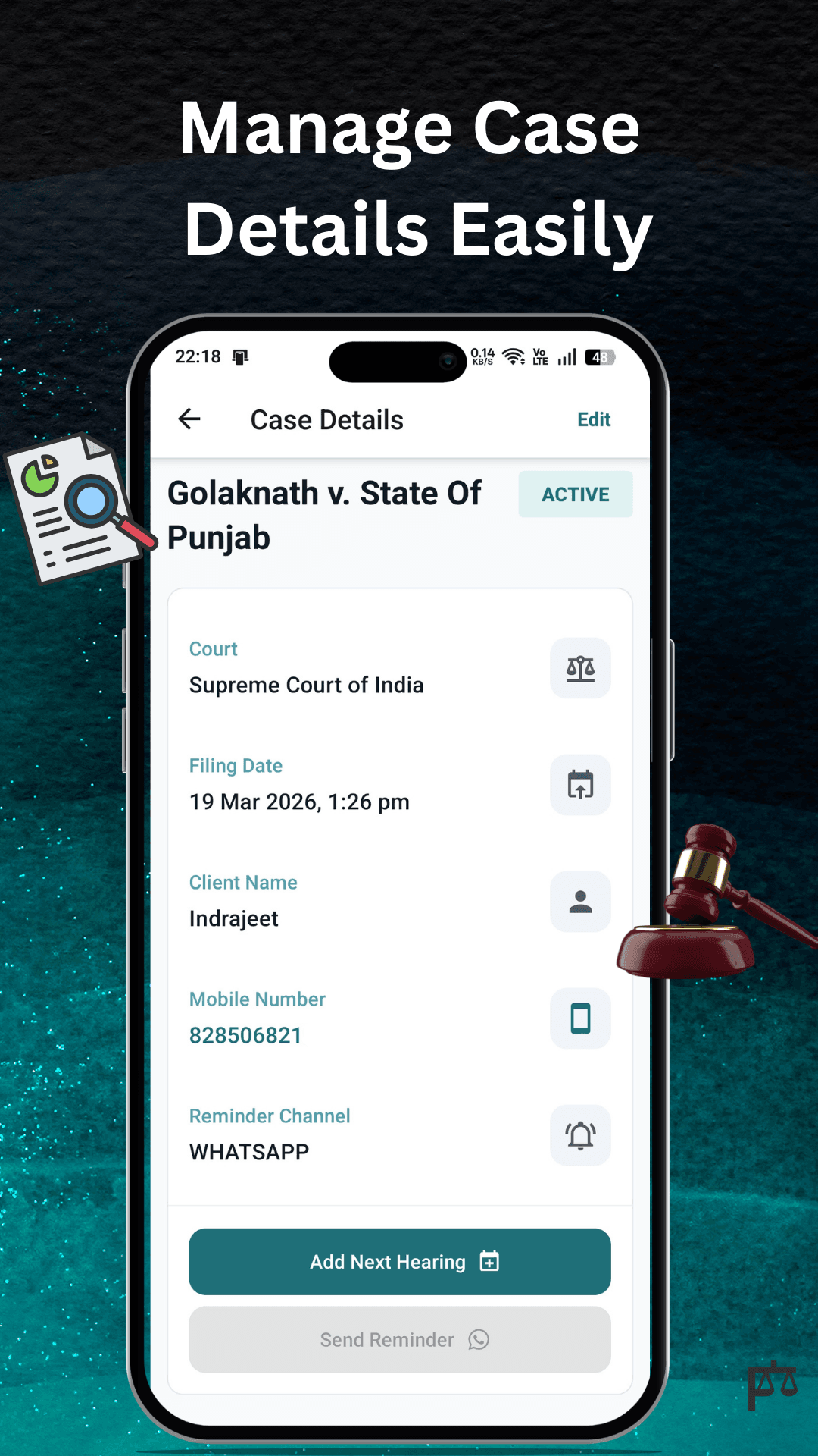 Peshi Case Details screen showing case metrics